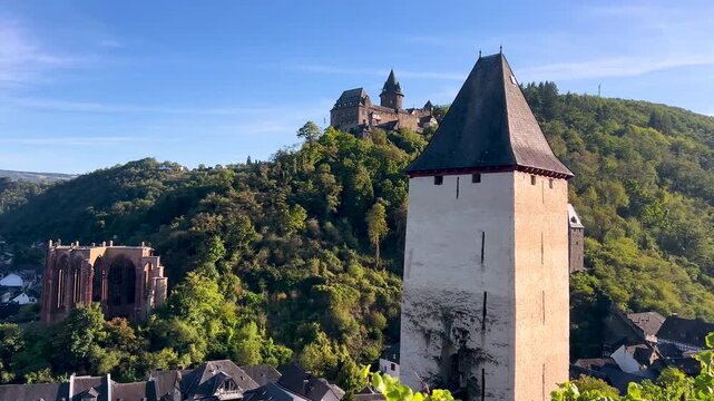 View over Bacharach on the Rhine while bell ringing in evening light, Rhineland-Palatinate, Germany