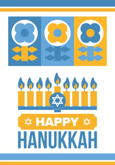 Hanukkah. Jewish festival. Festival of Lights. Traditional menorah. Candles. Star of David. Happy holiday banner. Creative art template. Vector illustration