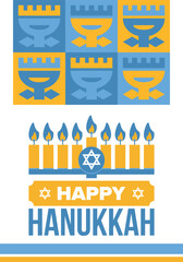 Hanukkah. Jewish festival. Festival of Lights. Traditional menorah. Candles. Star of David. Happy holiday banner. Creative art template. Vector illustration