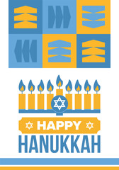 Hanukkah. Jewish festival. Festival of Lights. Traditional menorah. Candles. Star of David. Happy holiday banner. Creative art template. Vector illustration