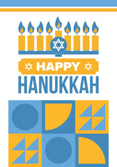Hanukkah. Jewish festival. Festival of Lights. Traditional menorah. Candles. Star of David. Happy holiday banner. Creative art template. Vector illustration