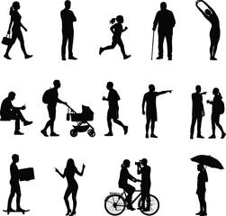 Collection of diverse human silhouettes in various poses and activities