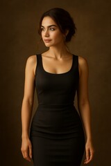 Fototapeta premium Elegant Auburn-Haired Woman in Black Silk Dress — Sophisticated Fashion Portrait with Soft Lighting and Textured Brown Background, Showcasing Grace, Poise, and Timeless Modern Beauty