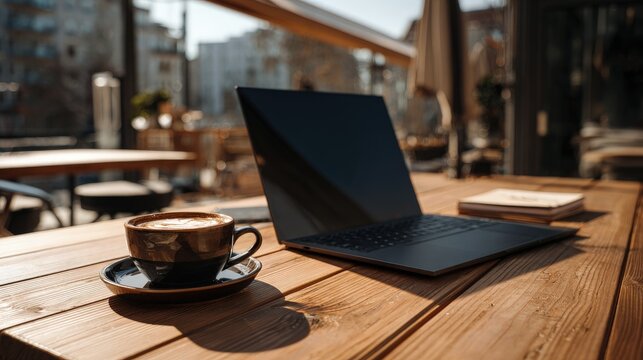 A creative Urban Lifestyle flat lay of a freelancers tools laptop coffee notebook in a sunlit cafe