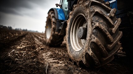 Close up of tractor tire on muddy field highlighting agricultural machinery and harvesting activities