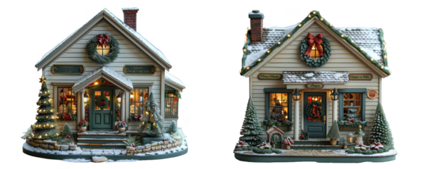 Two charming miniature christmas village houses decorated with snow, lights, and wreaths, isolated on transparent background