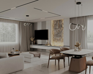 Spacious open-plan living room and dining area with modern furniture.