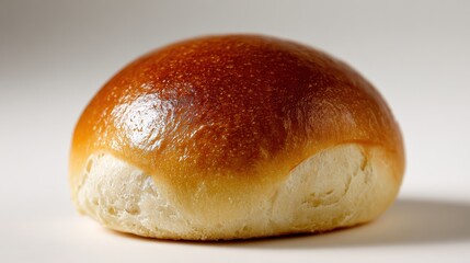 Freshly baked golden brown bread roll on neutral background
