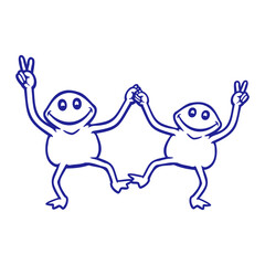 2 frog couple dancing peace sign victory hand team