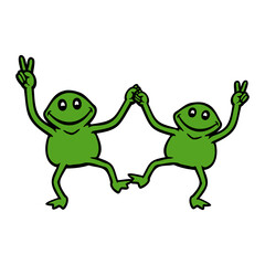 2 frog couple dancing peace sign victory hand team