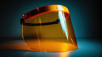 Protective visor shield with orange tint and soft lighting effects in a studio setting