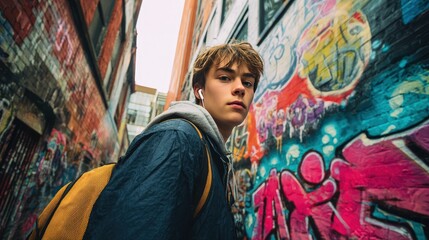 Teenager Urban Lifestyle Teen with backpack graffiti-covered alley vibrant urban scene bold colors earbuds confident stride modern city life