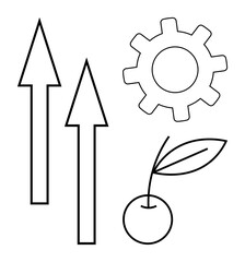 Arrows pointing upward with a gear and cherry outline symbolize growth, progress, productivity, opportunity, success, sustainability, creativity. Ideal for professional or personal goal