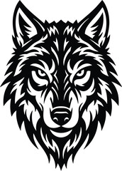 Intense wolf head illustration in black and white