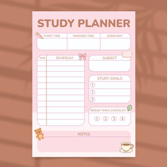 Cute Pink Study Planner Template with Adorable Elements for Academic Scheduling, Goals, and Breaks Checklist
