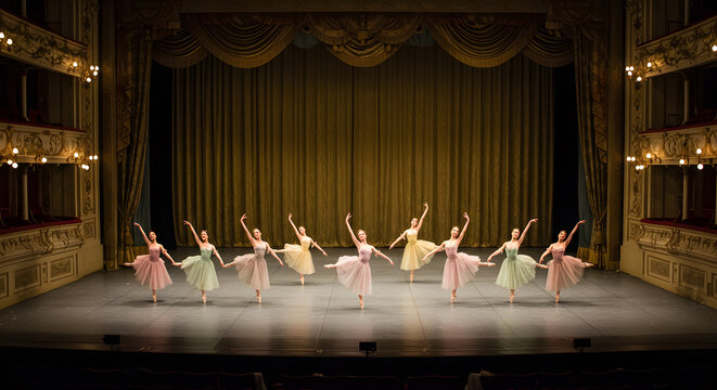 ballet dancers performing in harmony on stage with a golden curtain backdrop, showcasing grace, coordination, and artistic expression in a classical dance performance