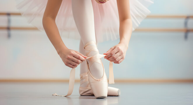 Ballet dancer tying ribbons on pointe shoes, preparing for performance or practice in a bright studio, emphasizing dedication, grace, and artistry in dance
