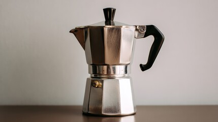 Classic stainless steel coffee maker on wooden surface with neutral background