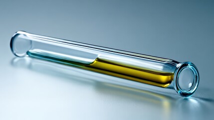 Test tube with clear and yellow liquid isolated on gray background