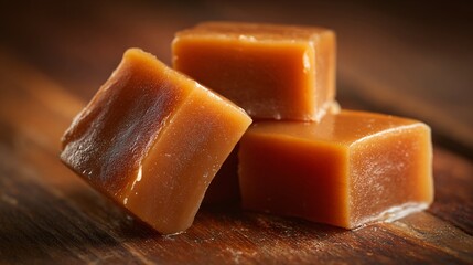 Mexican cajeta caramel candy squares, rustic wooden table
