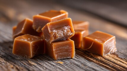 Mexican cajeta caramel candy squares, rustic wooden table