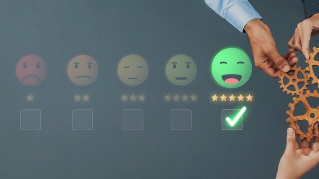 Hands interact with gears alongside emoji feedback icons, illustrating customer satisfaction and quality assessment in a modern business setting. Raster