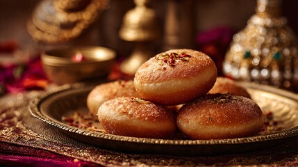 Nepalese sel roti rice doughnut, brass tray, festive backdrop