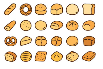 Various types of baked goods displayed in a colorful, fun illustration with different bread and pastries set against a plain background