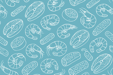 Detailed illustrations of shrimp and seafood patterns on a blue background featuring various seafood shapes and sizes