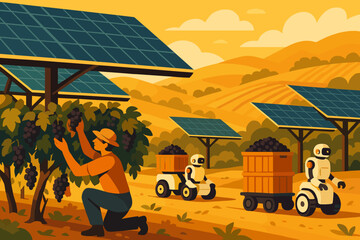 Obraz premium Farm worker harvesting grapes with robots in a vineyard under solar panels during sunset