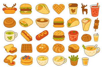 Food icons showcasing various delicious dishes and snacks in a fun and colorful layout