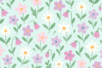 Colorful floral pattern on a light blue background with various flowers and green leaves