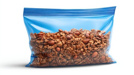 Transparent blue bag filled with crunchy granola and nuts for healthy snacking