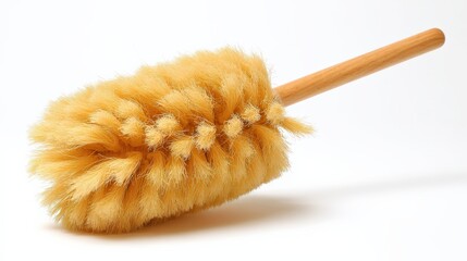 Soft yellow duster cleaning tool on white background for home care
