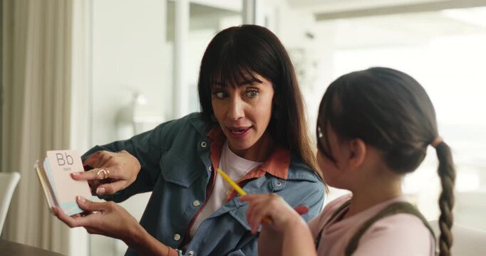 Homework, alphabet cards and mom with child in home for language lesson, learning and teaching. Family, helping and mother with girl with letters for education, studying and development in house