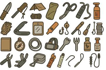 Fototapeta premium Variety of camping and outdoor tools and equipment arranged in a creative design