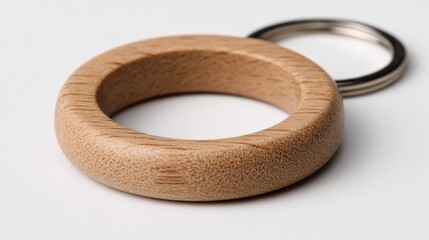 Natural wooden keyring with metal ring on light background