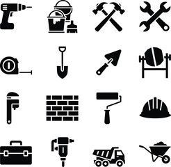 Collection of construction and diy tools and equipment icons in black and white