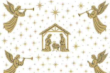 Beautiful nativity scene with angels and stars created in a festive design for holiday celebrations