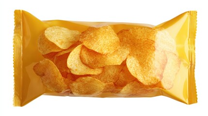 Delicious crispy potato chips in yellow packaging for snacks and treats