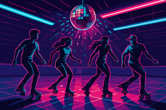 Group of friends enjoying fun roller skating at a lively disco under vibrant lights and a spinning disco ball