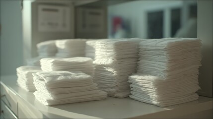 Neatly stacked white towels in a bright indoor environement