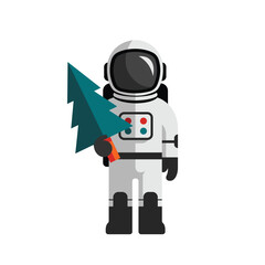 Astronaut in spacesuit holding a festive christmas tree vector illustration