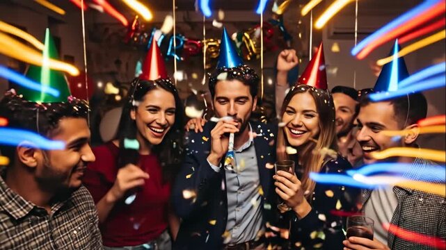 Group of happy men and women in party hats blowing noisemakers and enjoying holiday celebration with confetti falling, video footage