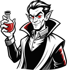 Vampire with empty blood bottle, vector line art icon, black and white, white background