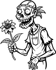 Zombie holding wilted flower, vector line art icon, black and white, white background