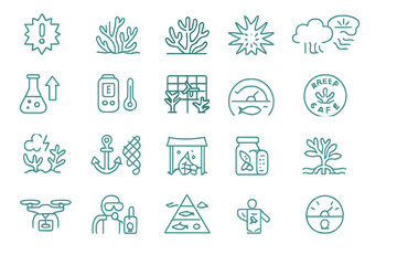 Fototapeta premium Icons representing various elements of coral reef safety and conservation practices in marine environments