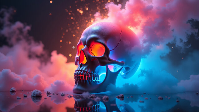 Surreal digital sugar skull dissolving into colorful smoke and neon light trails futuristic Mexican holiday concept art - Powered by Adobe