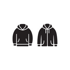 Simple silhouette illustration of two black hooded sweatshirts displayed side by side