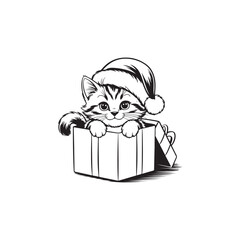 A charming kitten peeks from a gift box wearing a santa hat
